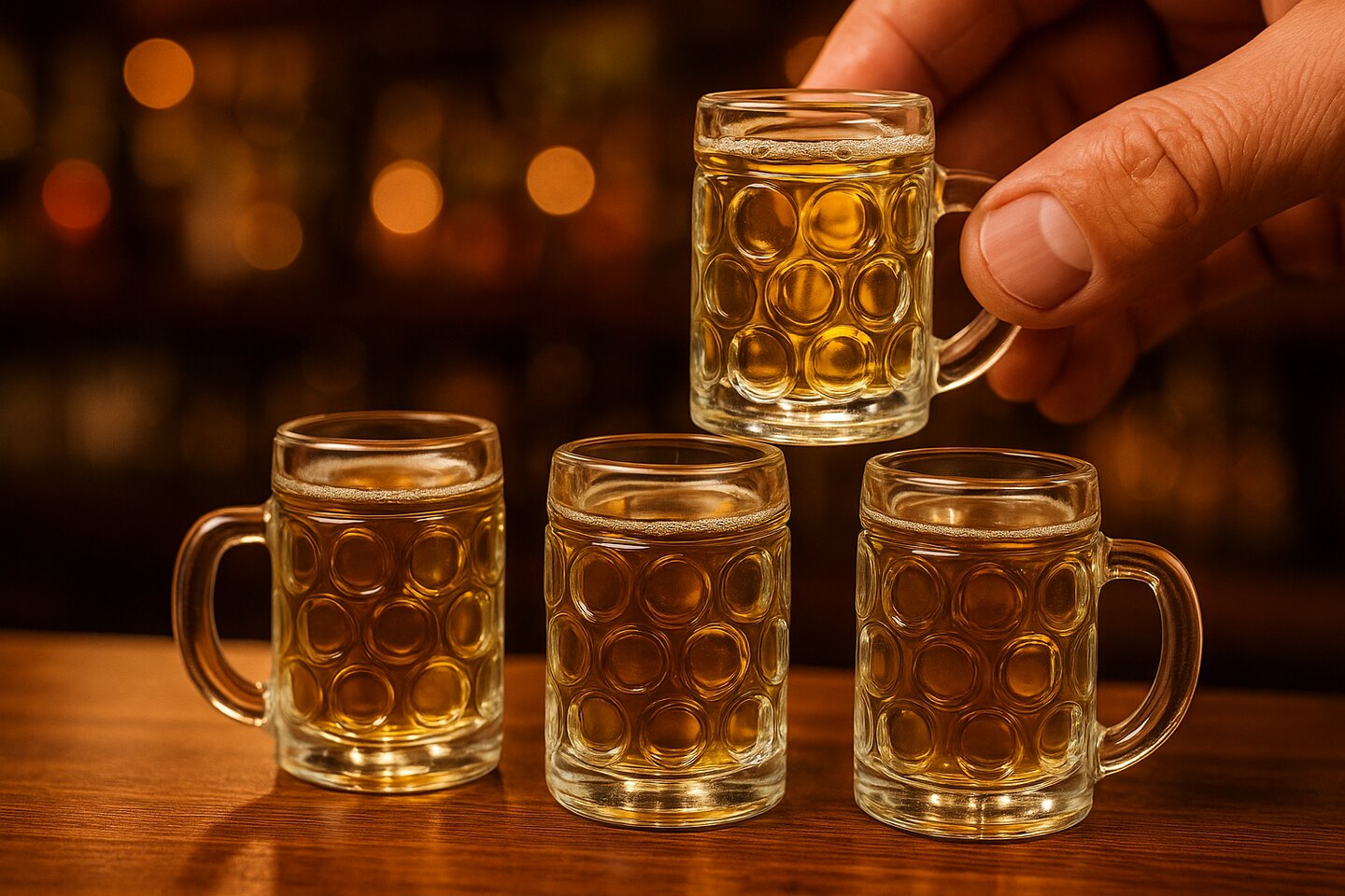 Vier shotglaasjes in de vorm van een mini bierpul